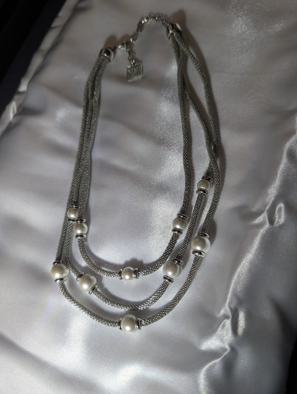 Anne Klein 3-Strand Silver Mesh Station Faux Pearl Necklace